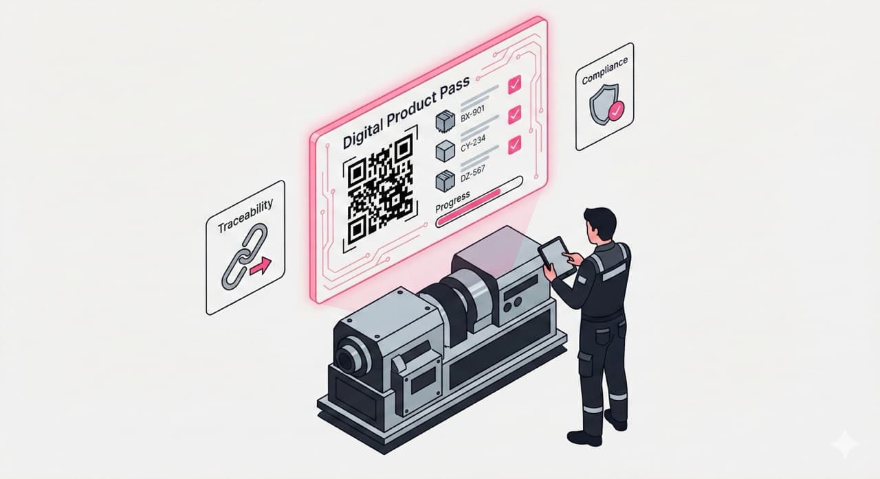 Techniker prüft einen Digital Product Pass auf einem Tablet an der Station