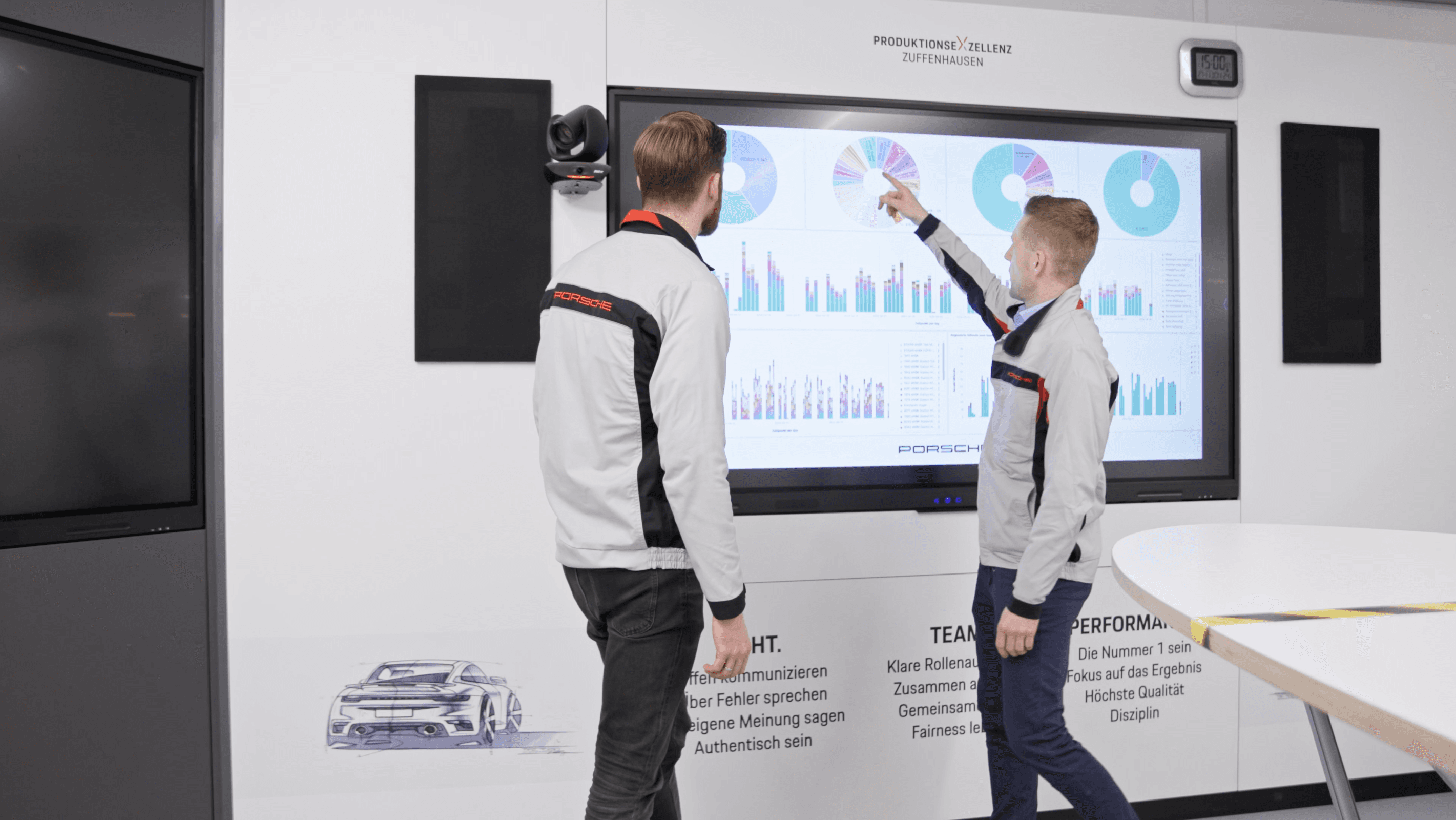 Two production staff reviewing KPI charts on a large dashboard screen in a plant review area