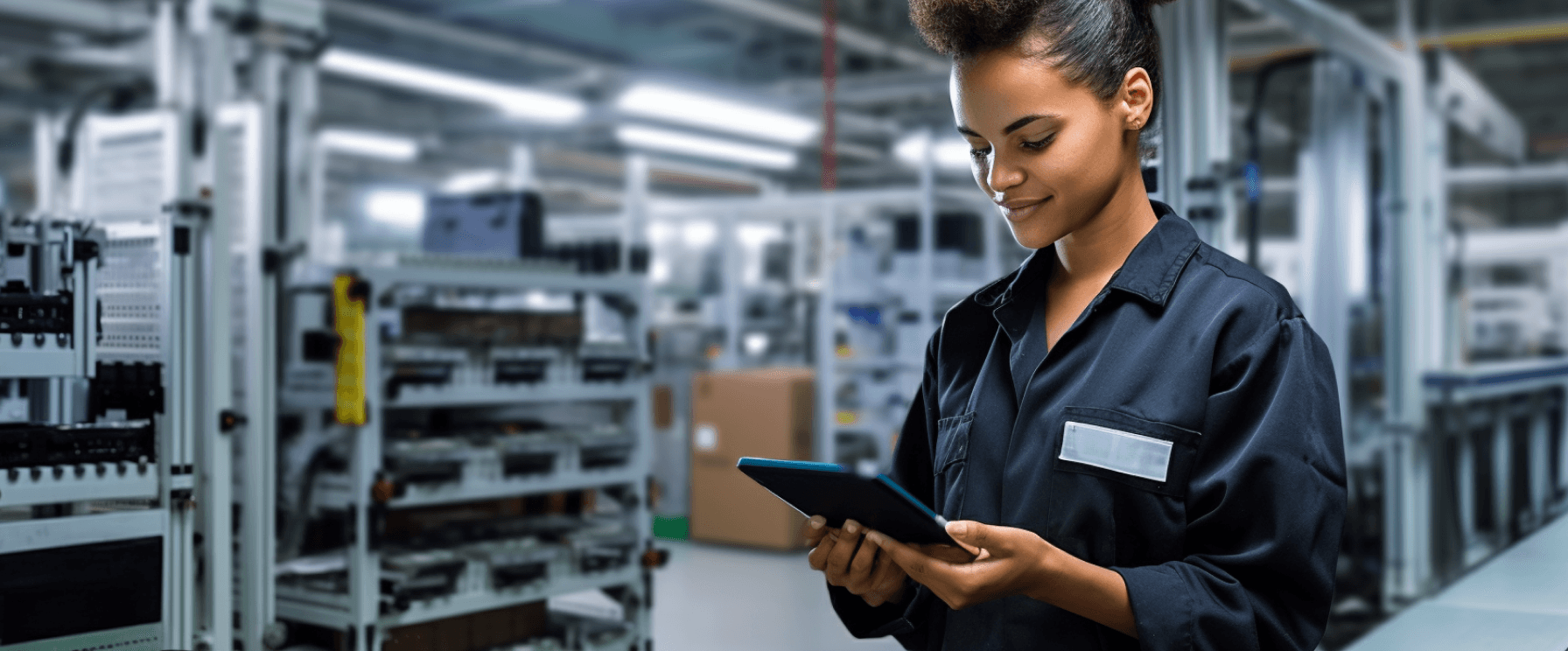 Operator at an assembly station following digital assembly instructions on a screen beside the production line
