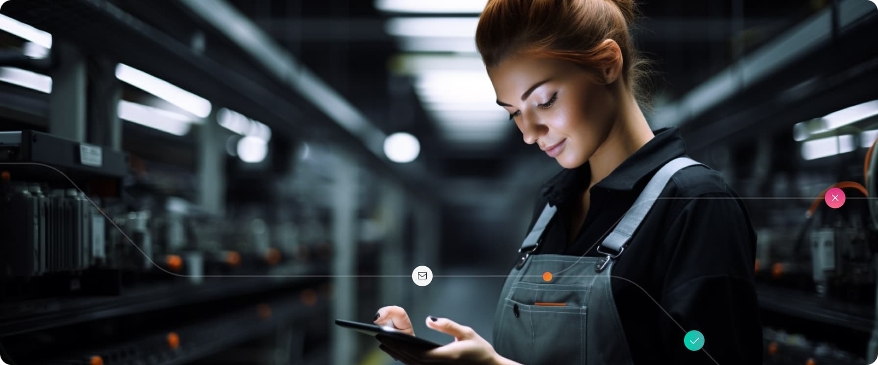 Assembly worker following a digital work instruction on a tablet at the station