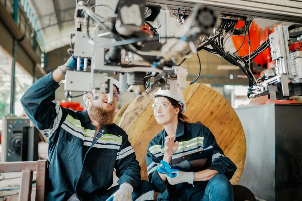Technicians inspecting automated equipment on the shop floor, starting from the actual build