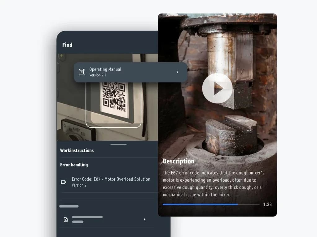 Workerbase Find App: Maschine scannen, um Arbeitsanweisungen, Fehlerbehandlung und verknüpfte Handbücher zu öffnen