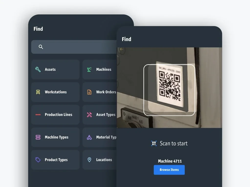 Workerbase Find app: browse assets, machines, and locations or scan a QR code to open Machine 4711