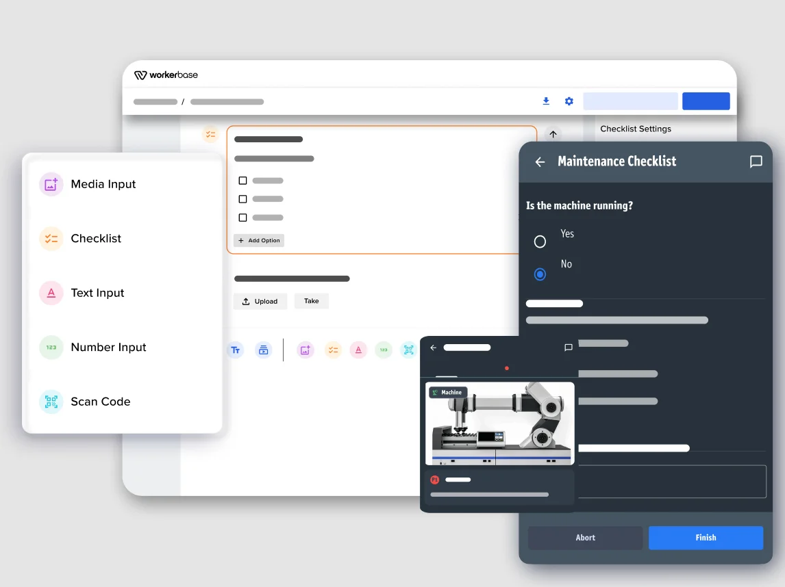 Workerbase-Checklisten-Builder mit Eingabetypen neben einer Live-Vorschau Wartungs-Checkliste