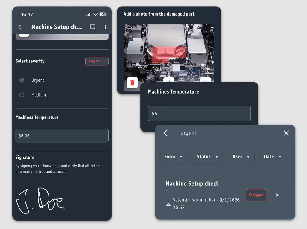 Commissioning measurement on a tablet: target range, actual value, pass result and photo