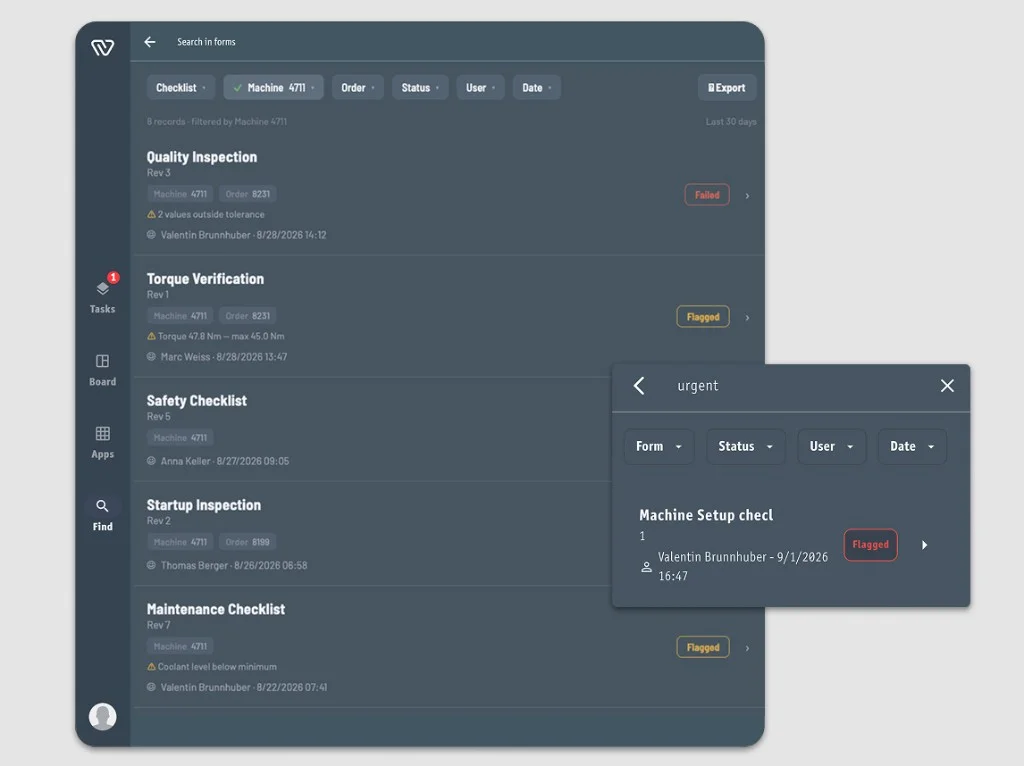 As-built records with search, filters, serial-number context, status and export