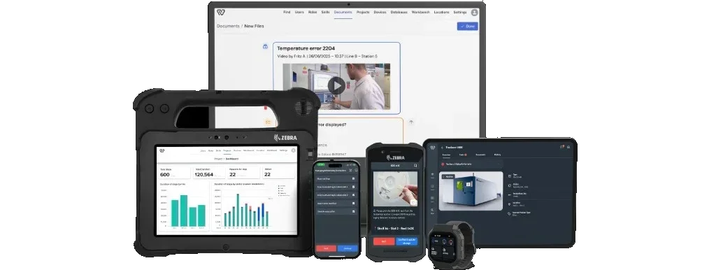 Workerbase running on laptop, industrial tablet, phone, scanner, and smartwatch