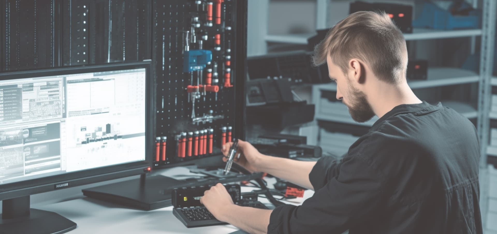 Worker using manufacturing assembly software on the shop floor