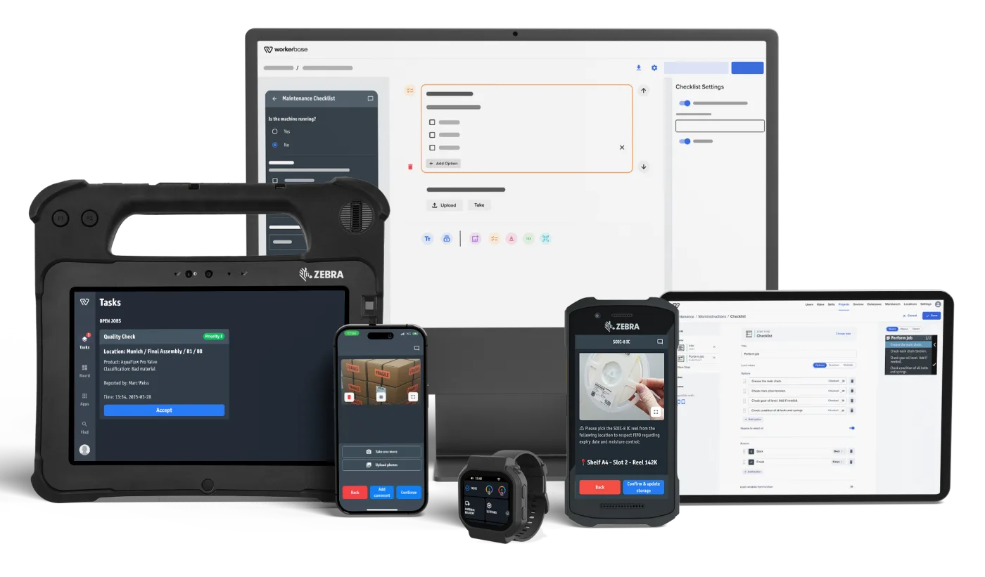 Tablets and phones on the shop floor showing Workerbase apps and dashboards